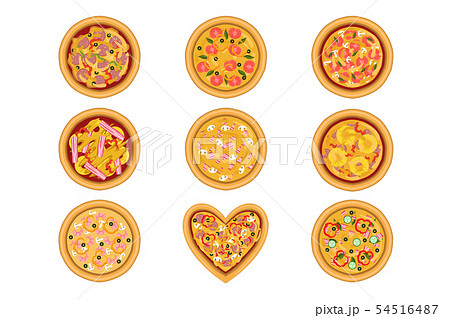 Flat vector set of tasty pizza with different ingredients. Delicious fast food. Traditional Italian Flat vector set of tasty pizza with different ingredients. Delicious fast food. Traditional Italian 54516487