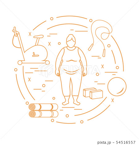 Fat woman and different sports equipment Fat woman and different sports equipment 54516557