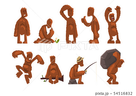 Funny bigfoot cartoon character set, mythical creature in different situations vector Illustrations 54516832