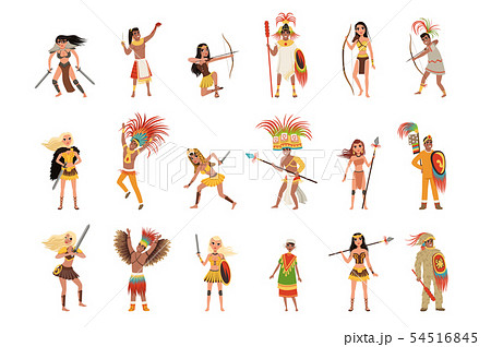 Aztec warriors set, men and women in traditional clothes and headgear with weapon vector 54516845