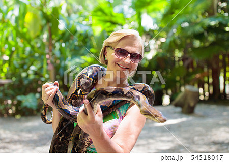 Woman hold python snake at zoo. 54518047
