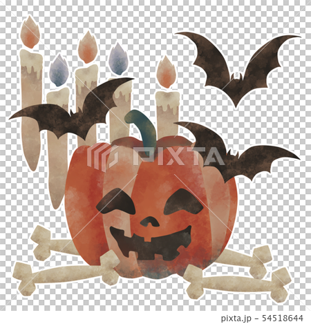 ハロウィン　ジャックオランタン　コウモリ　白フチ 54518644