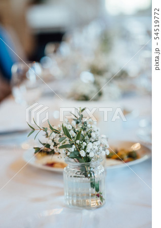 Festive wedding table setting. Empty wine glasses Festive wedding table setting. Empty wine glasses 54519772