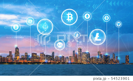 Cryptocurrency theme with downtown Chicago 54523901