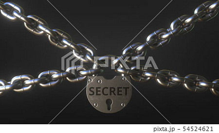 SECRET word on a padlock holding metal chains. Conceptual 3D rendering SECRET word on a padlock holding metal chains. Conceptual 3D rendering 54524621
