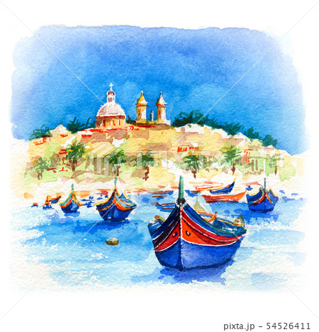 Taditional eyed boats Luzzu in Marsaxlokk, Malta 54526411