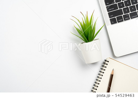 White office work space desk table with laptop, White office work space desk table with laptop, 54529463