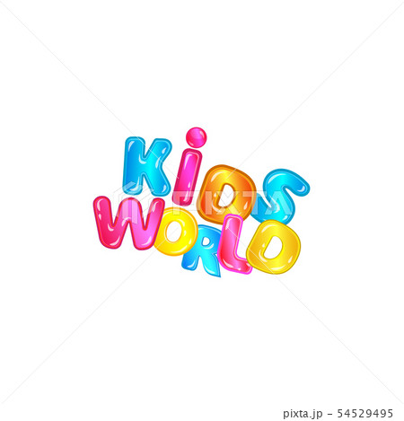 Kids world - fun colorful font typography with blue, pink, yellow cartoon letters with shiny texture 54529495