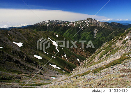 南アルプス　白峰三山テント縦走　西農鳥岳山頂から　荒川三山、赤石岳、塩見岳を望む 54530459