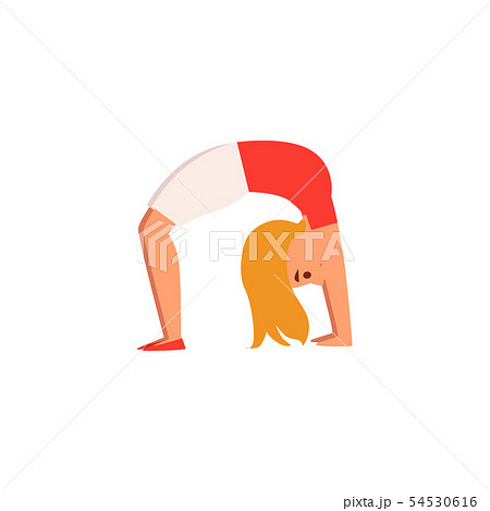 Blonde girl in yoga wheel pose - isolated cartoon drawing of healthy child doing upward facing bow Blonde girl in yoga wheel pose - isolated cartoon drawing of healthy child doing upward facing bow 54530616