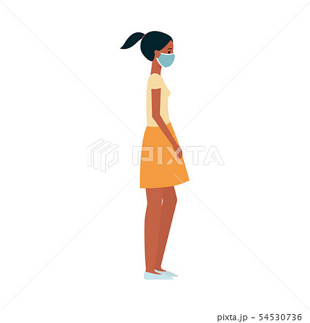 Dark skinned young woman or girl in a skirt and tshirt in a medical protective mask on her face. 54530736