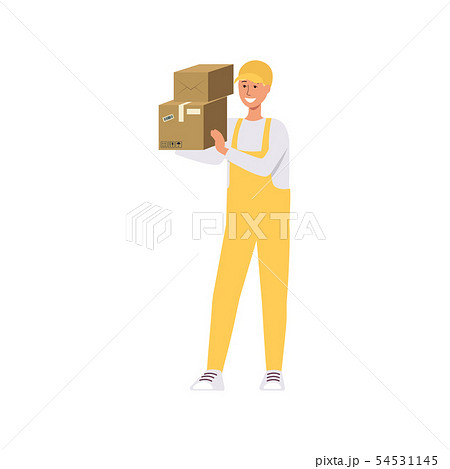 Loader in overalls holding two brown boxes on shoulder cartoon style 54531145