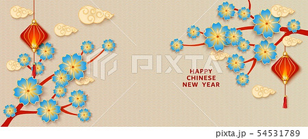 Happy Chinese New Year banner with blue flowers and red paper lanterns, traditional Asian 54531789