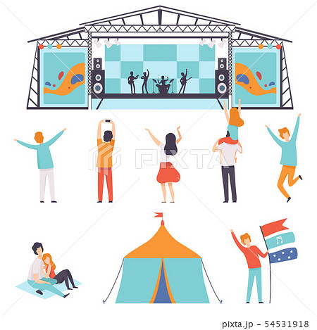 Open Air Festival Set, Music Band Performing on Stage, People Dancing, Cheering, Partying in Camping 54531918