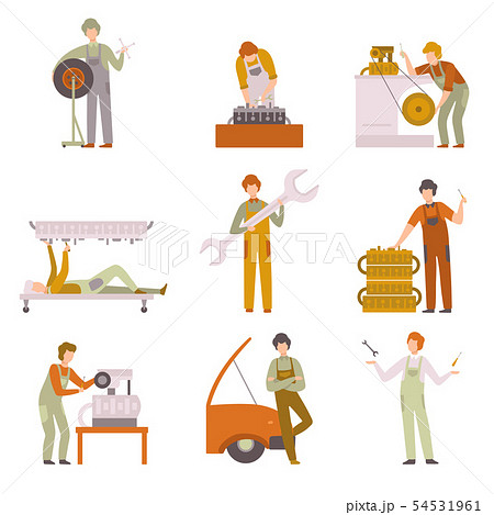 Professional Repairmen Working In Car Repair Service Set, Male Auto Mechanics Characters in Uniform Professional Repairmen Working In Car Repair Service Set, Male Auto Mechanics Characters in Uniform 54531961