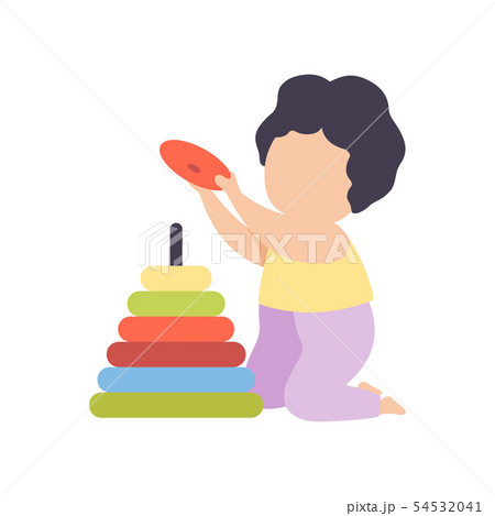 Cute Little Boy Playing with Colorful Pyramid Toy Vector Illustration 54532041