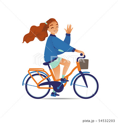 Girl Or Woman Rides On A Bicycle Or Bike Flat のイラスト素材