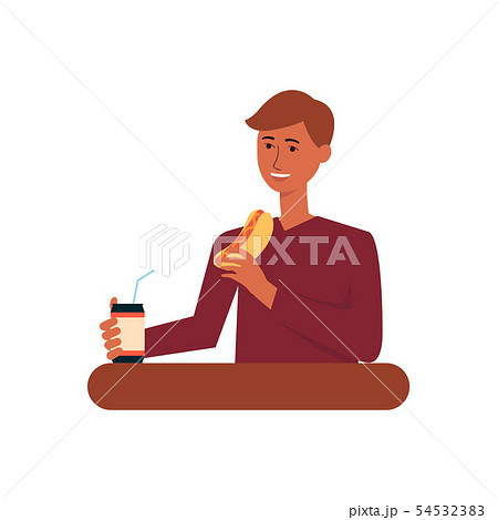 Young man eating fast food meal, adult male cartoon character drinking soda and eating hot dog 54532383