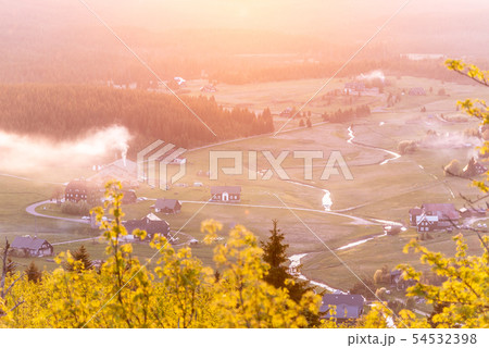 Jizerka village at sunset time. View from Bukovec Mountain, Jizera Mountains, Czech Republic 54532398
