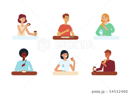 Set of single people sit at table eating various food flat cartoon style 54532400