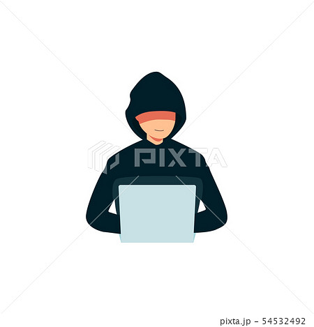 Hacker using a laptop icon, criminal man in a hoodie breaking into computer's security 54532492
