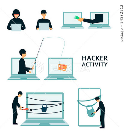 Set of computer hacker activity of stealing data flat cartoon style 54532512