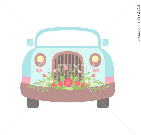 Cute Light Blue Vintage Car Decorated with Flowers, Wedding Retro Auto, Front View Vector 54532513