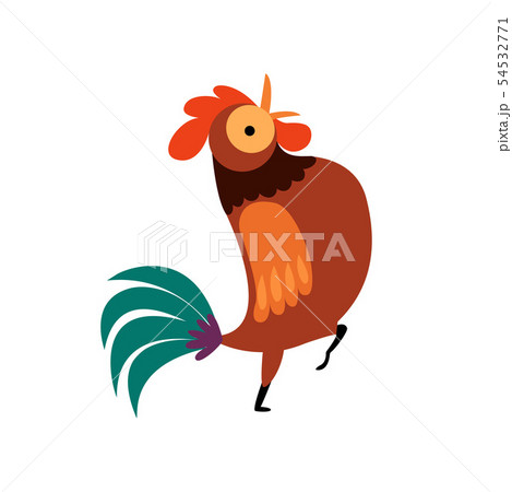 Rooster Standing on One Leg, Farm Cock with Bright Plumage, Poultry Farming Vector Illustration Rooster Standing on One Leg, Farm Cock with Bright Plumage, Poultry Farming Vector Illustration 54532771