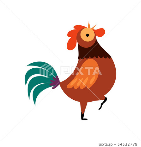 Colorful Rooster Standing on One Leg and Crowing, Farm Cock, Poultry Farming Vector Illustration 54532779