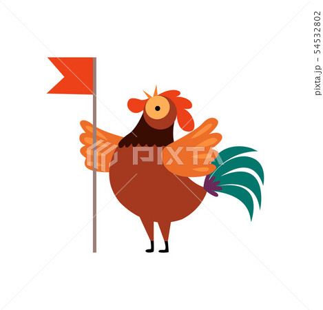 Colorful Rooster Crowing, Farm Cock Cartoon Character with Red Flag Vector Illustration 54532802