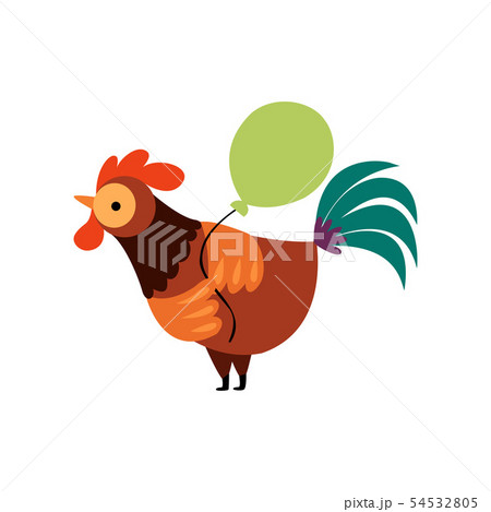 Colorful Rooster with Green Balloon, Farm Cock Cartoon Character Vector Illustration 54532805