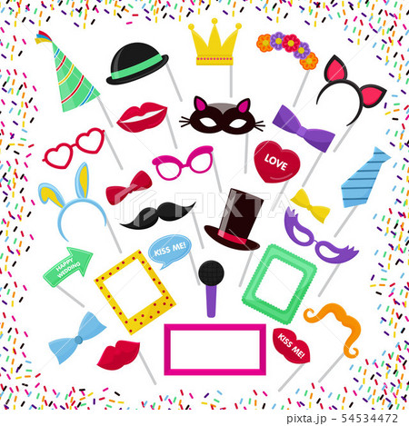 Photo booth vector mask glasses costume hat on birthday party wedding photobooth set collection 54534472