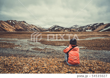 Traveler Hike at Landmannalaugar Iceland Highland Traveler Hike at Landmannalaugar Iceland Highland 54535027