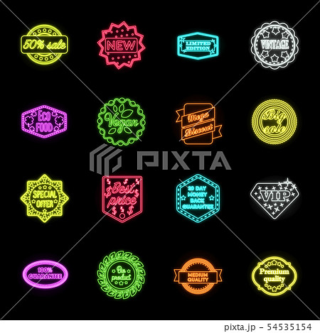 Different label neon icons in set collection for design. Index and brand vector symbol stock web Different label neon icons in set collection for design. Index and brand vector symbol stock web 54535154