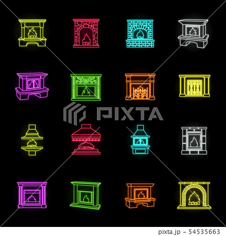 Different kinds of fireplaces neon icons in set collection for design.Fireplaces construction vector Different kinds of fireplaces neon icons in set collection for design.Fireplaces construction vector 54535663