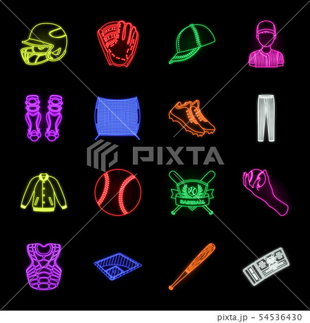 Baseball and attributes neon icons in set collection for design.Baseball player and equipment vector 54536430