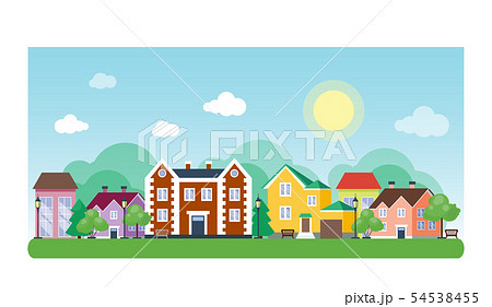City outdoor day landscape house and street buildings outdoor cityspace disign vector illustration 54538455