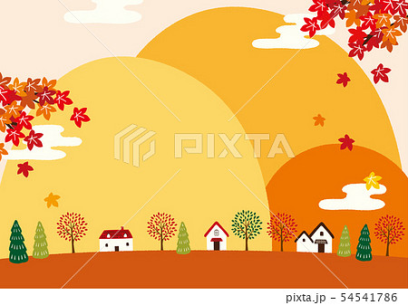 紅葉と秋の山 街並 イラストのイラスト素材