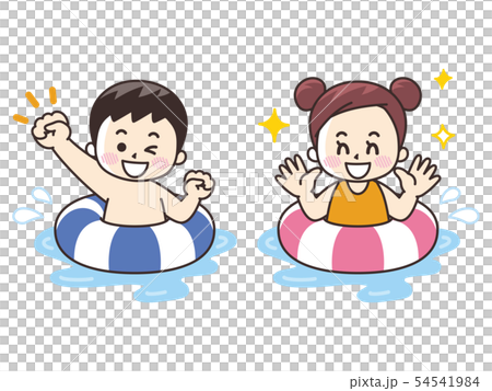 浮き輪で遊ぶ水着の子供のイラスト素材