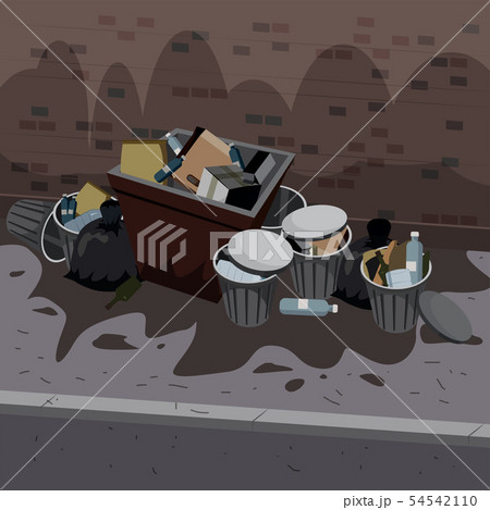 Metal garbage containers with unsorted trash disposed on the street exterior. Rubbish and trash bags 54542110