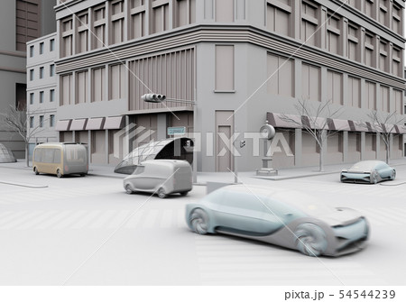 交差点を通過する自動運転車のクレイレンダリングイメージ 54544239