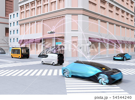 交差点に通過中の自動運転車の間に通信して情報を交換するイメージ。コネクテッドカーコンセプト 54544240