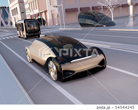 一般道に走行中の自動運転セダンとマイクロバスのイメージ 54544245