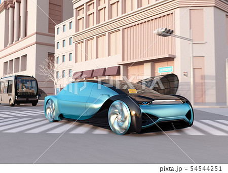 一般道に走行中の自動運転セダンとマイクロバスのイメージ。ライドシェアコンセプト 54544251