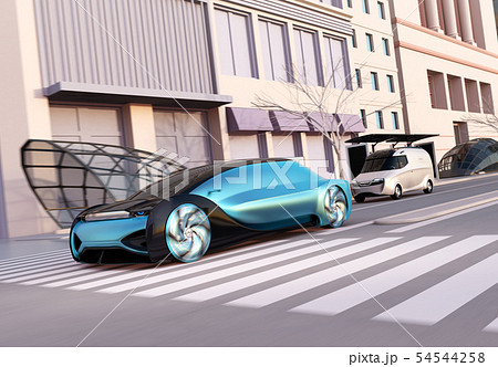 一般道に走行中の自動運転セダンと宅配車のイメージ。ライドシェアコンセプト 54544258