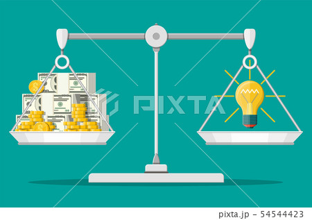Glass light bulb and money on balance scales 54544423