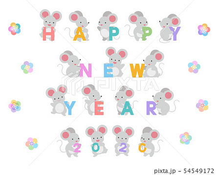 Happy New Year 2020の文字を持ったネズミと梅のイラストセットの
