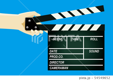 映画の撮影に使うカチンコ ボード のイラスト 手に持つカチンコ 青背景のイラスト素材