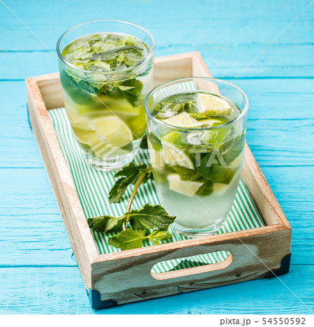 Two glasses of mojito in wooden box with mint Two glasses of mojito in wooden box with mint 54550592