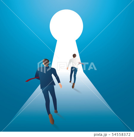 businessman walking into keyhole with bright light 54558372